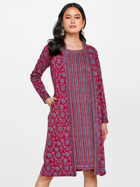 Global Desi Maroon Floral Print A Line Dress Price in India