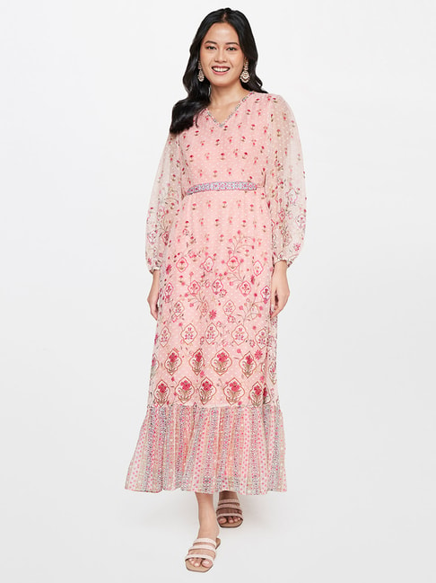 Global Desi Peach Floral Print Midi Dress Price in India