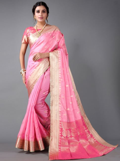 Satrani Pink Woven Saree With Unstitched Blouse Price in India