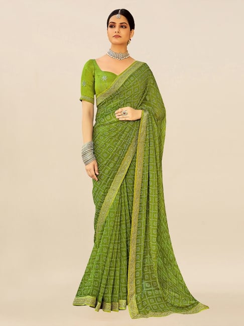 Satrani Green Bandhani Print Saree With Unstitched Blouse Price in India