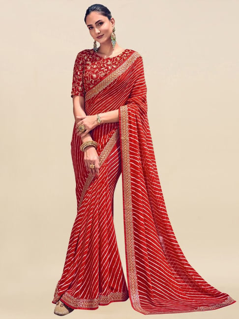 Satrani Red & White Leheriya Saree With Unstitched Blouse Price in India