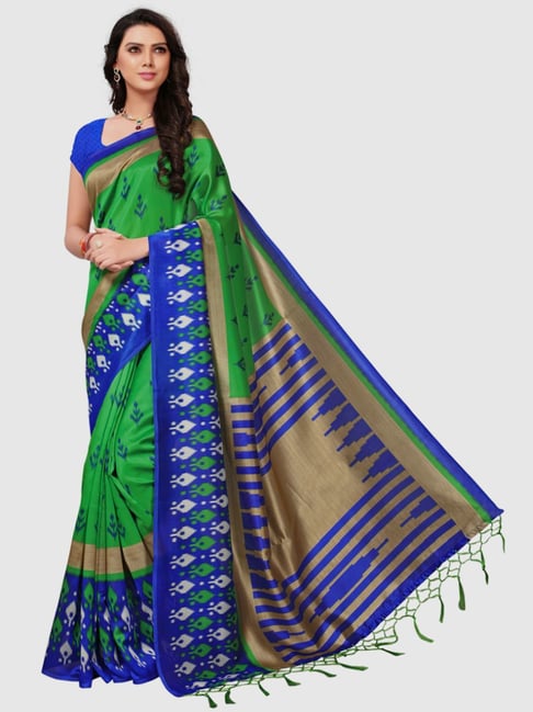 Satrani Green & Blue Woven Saree With Unstitched Blouse Price in India