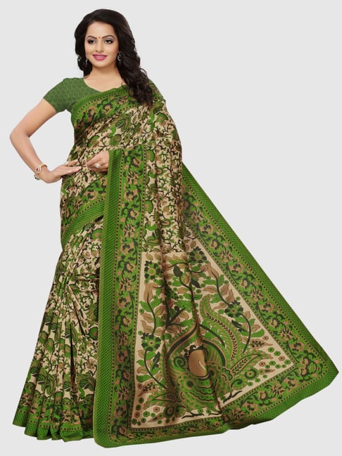 Satrani Green & Beige Printed Saree With Unstitched Blouse Price in India