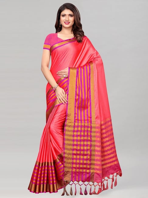 Satrani Coral Woven Saree With Unstitched Blouse Price in India