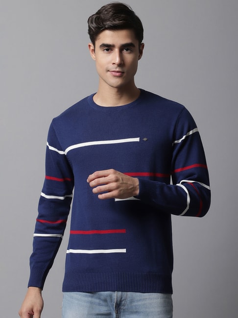 Cantabil Blue Regular Fit Striped Sweater