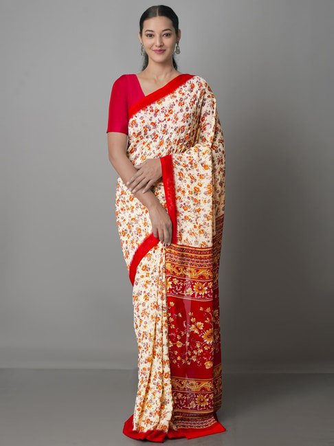 Unnati Silks Cream Chiffon Floral Print Saree With Unstitched Blouse Price in India