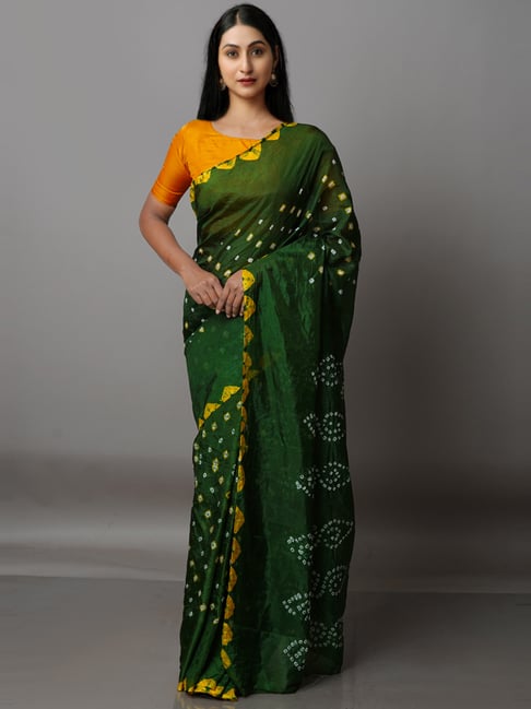 Unnati Silks Green Silk Bandhani Print Saree With Unstitched Blouse Price in India