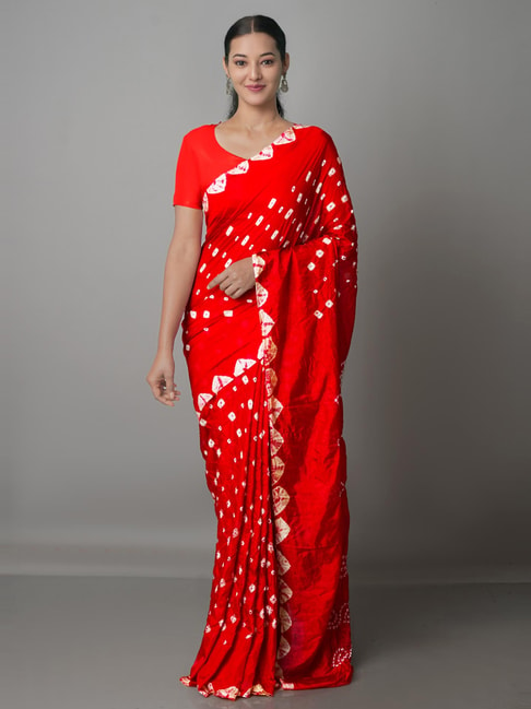 Unnati Silks Red Silk Bandhani Print Saree With Unstitched Blouse Price in India