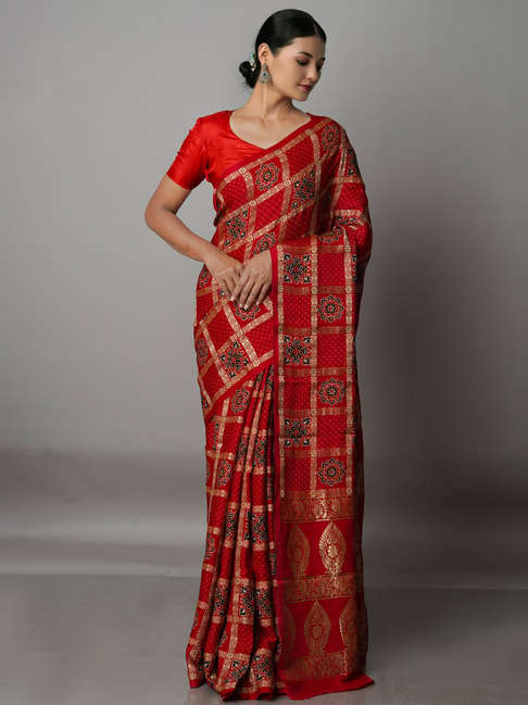 Unnati Silks Red Silk Embroidered Saree With Unstitched Blouse Price in India