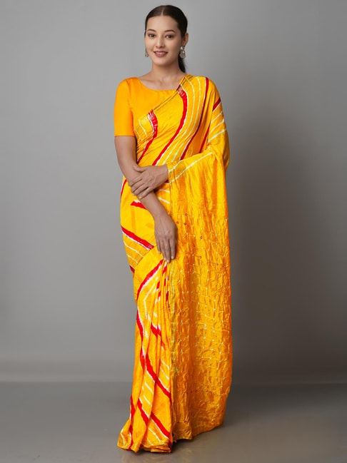 Unnati Silks Yellow Silk Printed Saree With Unstitched Blouse Price in India
