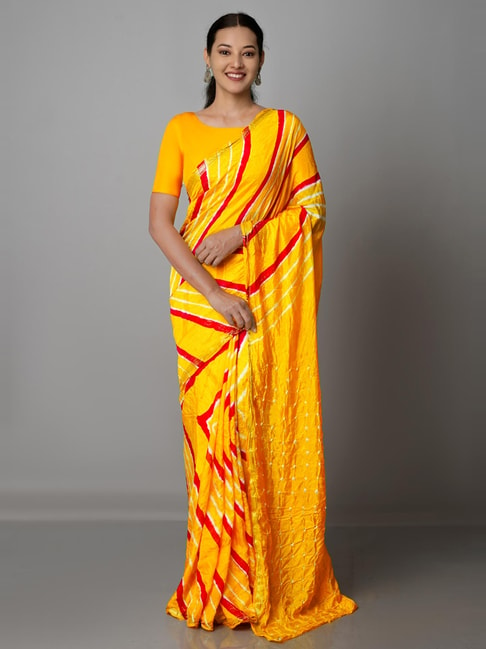 Unnati Silks Yellow Silk Bandhani Print Saree With Unstitched Blouse Price in India