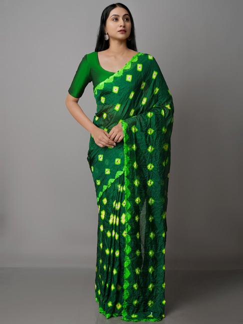 Unnati Silks Green Silk Tie & Dye Saree With Unstitched Blouse Price in India