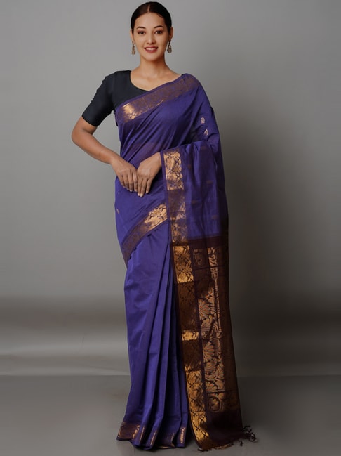 Unnati Silks Purple Cotton Woven Saree With Unstitched Blouse Price in India