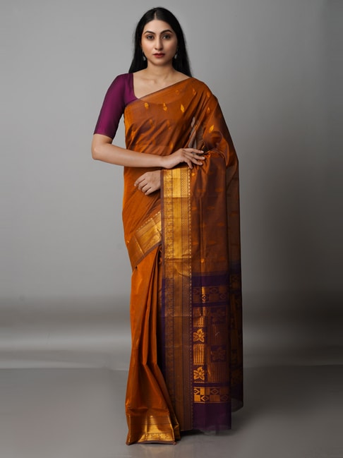Unnati Silks Orange Cotton Woven Saree With Unstitched Blouse Price in India
