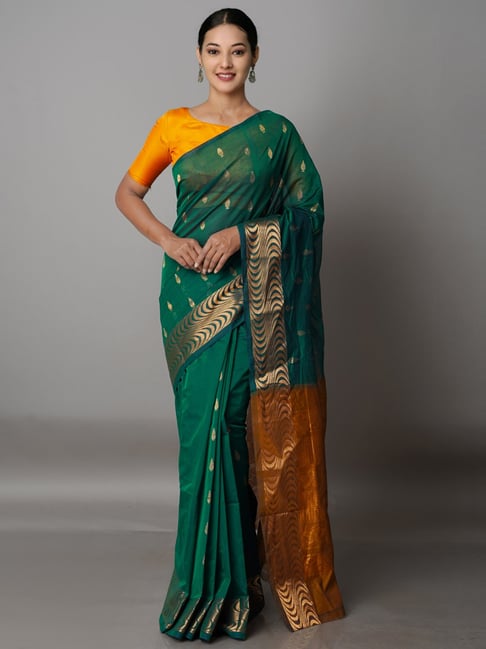 Unnati Silks Green Cotton Woven Saree With Unstitched Blouse Price in India