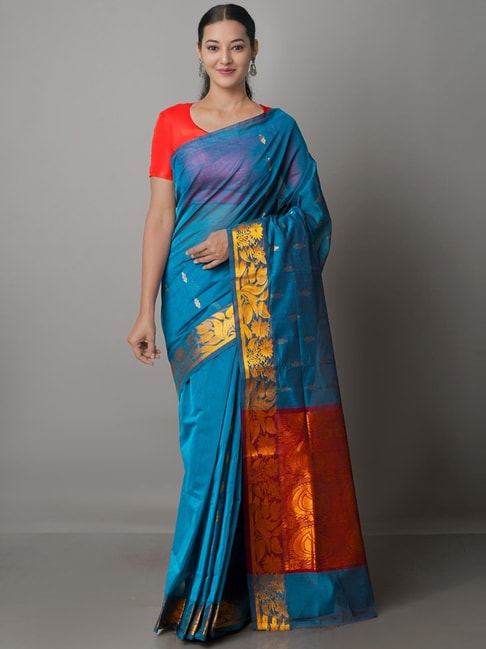 Unnati Silks Blue Cotton Woven Saree With Unstitched Blouse Price in India