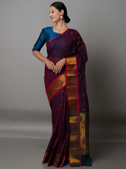 Unnati Silks Purple Cotton Woven Saree With Unstitched Blouse Price in India
