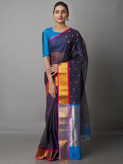 Unnati Silks Navy Cotton Woven Saree With Unstitched Blouse Price in India