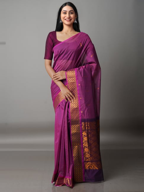 Unnati Silks Pink Cotton Woven Saree With Unstitched Blouse Price in India