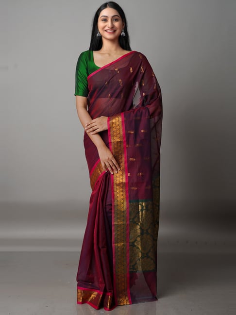 Unnati Silks Maroon Cotton Woven Saree With Unstitched Blouse Price in India