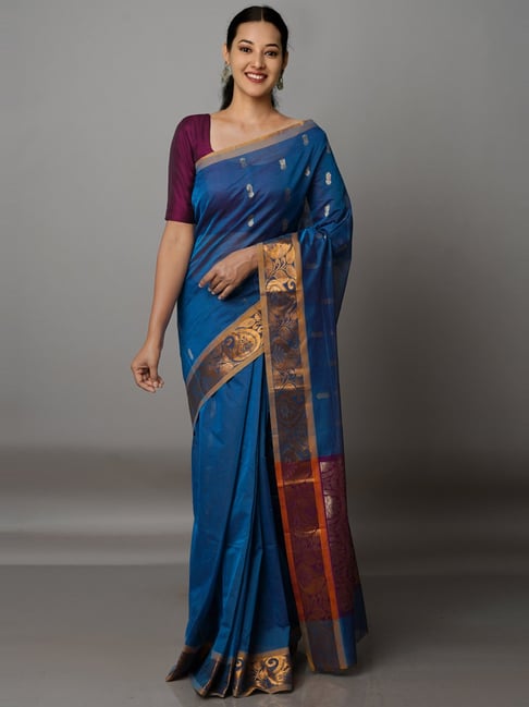 Unnati Silks Blue Cotton Woven Saree With Unstitched Blouse Price in India