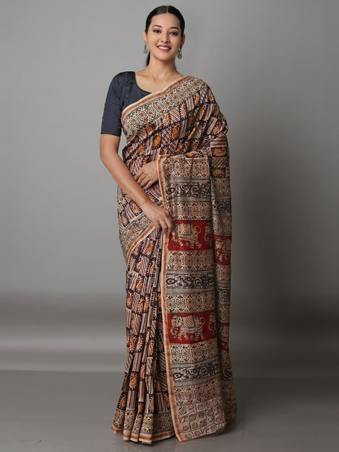 Unnati Silks Multicolored Silk Cotton Printed Saree With Unstitched Blouse Price in India