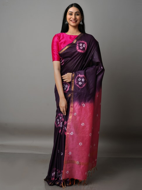 Unnati Silks Purple Silk Cotton Tie & Dye Saree With Unstitched Blouse Price in India