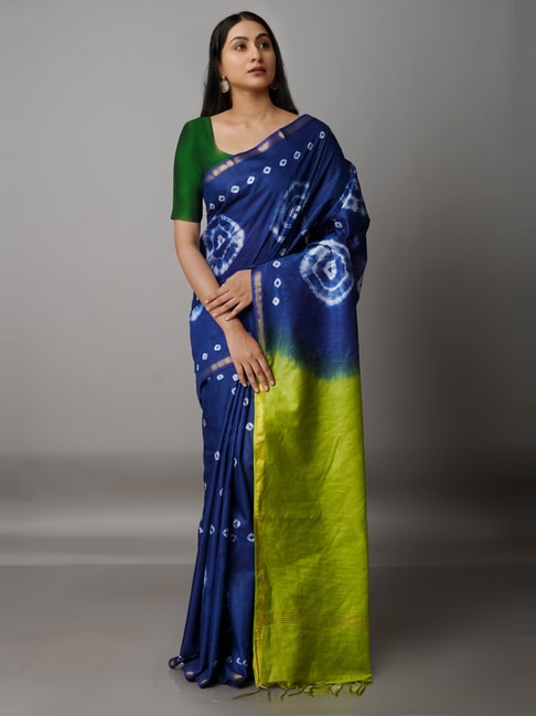 Unnati Silks Navy & Green Silk Cotton Tie & Dye Saree With Unstitched Blouse Price in India
