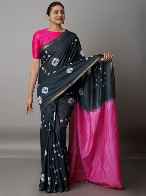 Unnati Silks Grey & Pink Silk Cotton Tie & Dye Saree With Unstitched Blouse Price in India