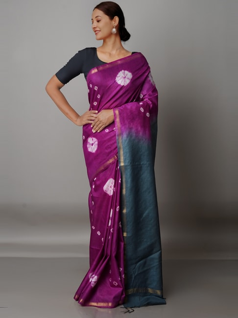 Unnati Silks Purple & Grey Silk Cotton Tie & Dye Saree With Unstitched Blouse Price in India