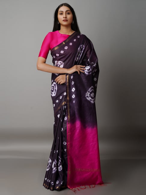 Unnati Silks Purple & Pink Silk Cotton Tie & Dye Saree With Unstitched Blouse Price in India
