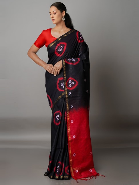 Unnati Silks Black & Red Silk Cotton Tie & Dye Saree With Unstitched Blouse Price in India