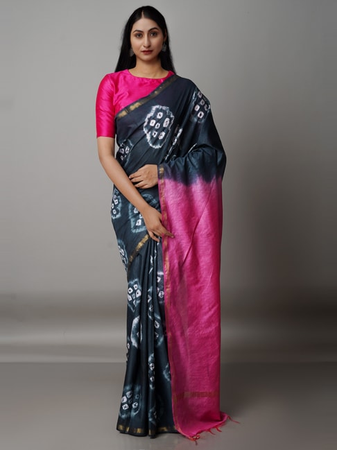 Unnati Silks Grey & Pink Silk Cotton Tie & Dye Saree With Unstitched Blouse Price in India
