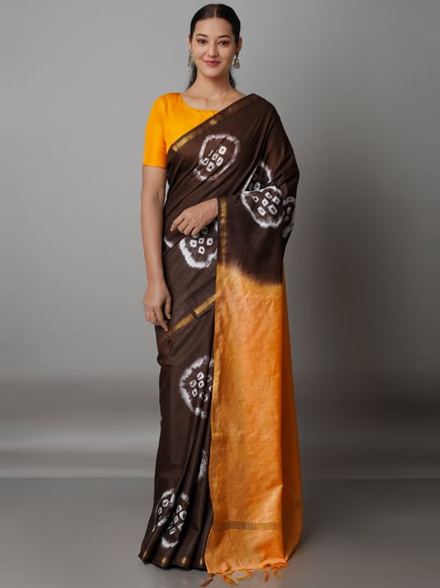 Unnati Silks Brown & Orange Silk Cotton Tie & Dye Saree With Unstitched Blouse Price in India