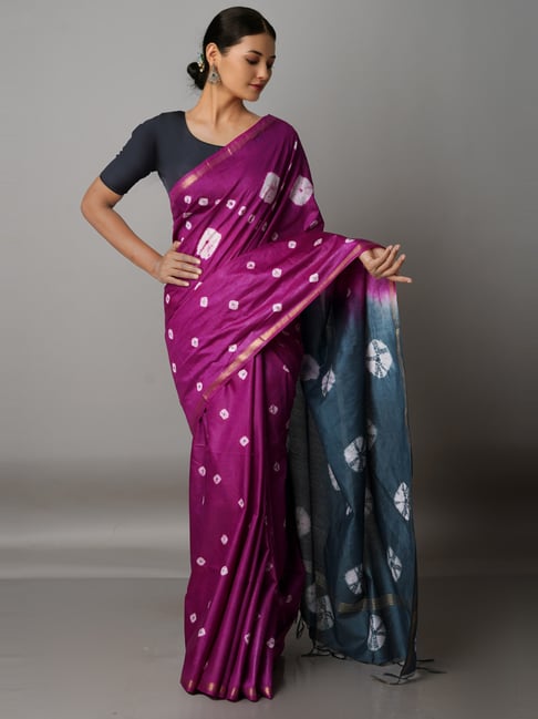 Unnati Silks Purple & Grey Silk Cotton Tie & Dye Saree With Unstitched Blouse Price in India