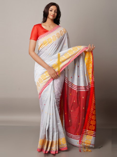 Unnati Silks White Cotton Silk Woven Saree With Unstitched Blouse Price in India