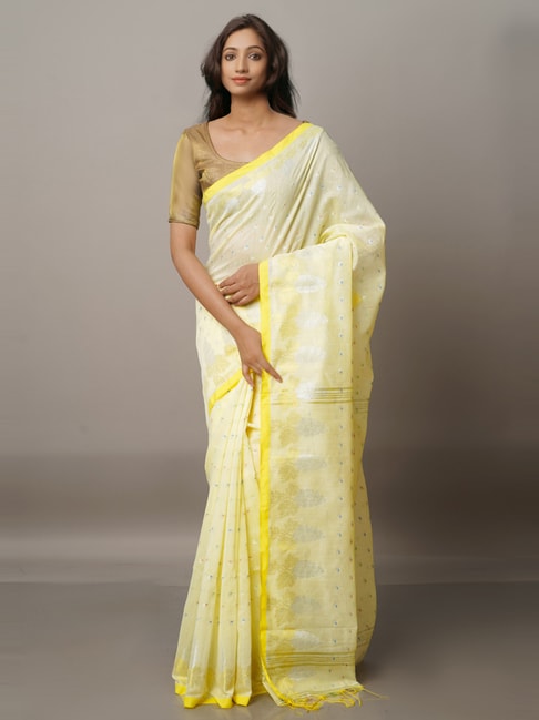 Unnati Silks Cream Cotton Silk Woven Saree With Unstitched Blouse Price in India