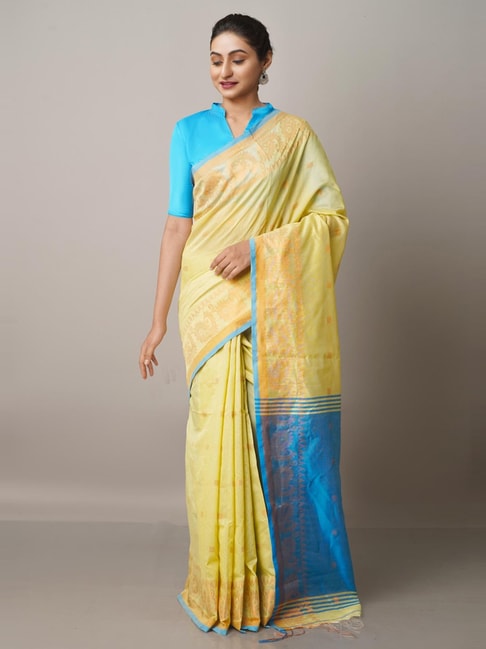 Unnati Silks Lime Yellow Linen Woven Saree With Unstitched Blouse Price in India