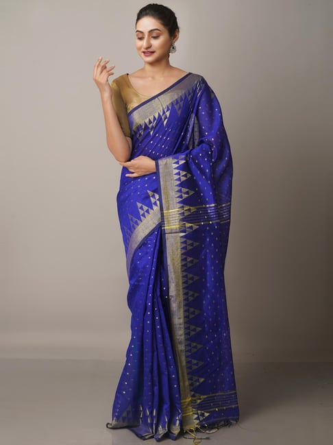Unnati Silks Blue Linen Woven Saree With Unstitched Blouse Price in India
