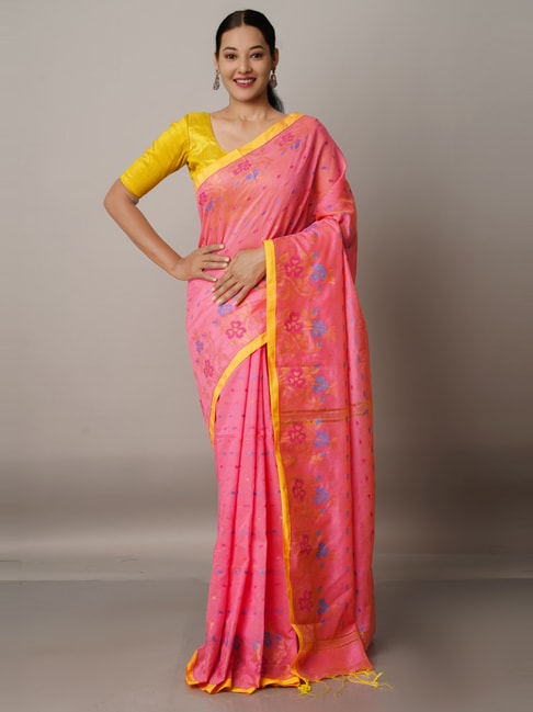 Unnati Silks Baby Pink Cotton Silk Woven Saree With Unstitched Blouse Price in India