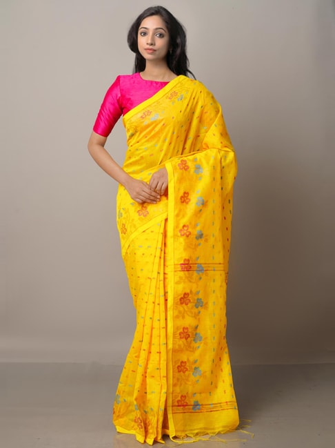 Unnati Silks Yellow Cotton Silk Woven Saree With Unstitched Blouse Price in India