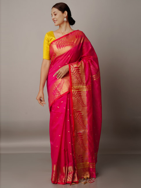 Unnati Silks Red Cotton Silk Woven Saree With Unstitched Blouse Price in India