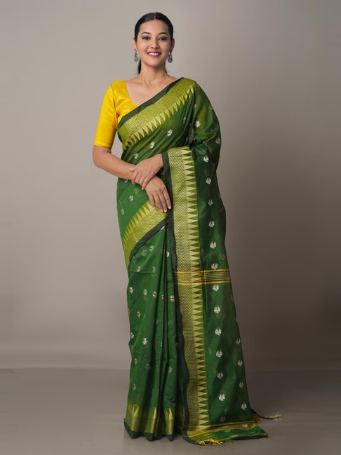 Unnati Silks Green Cotton Silk Woven Saree With Unstitched Blouse Price in India