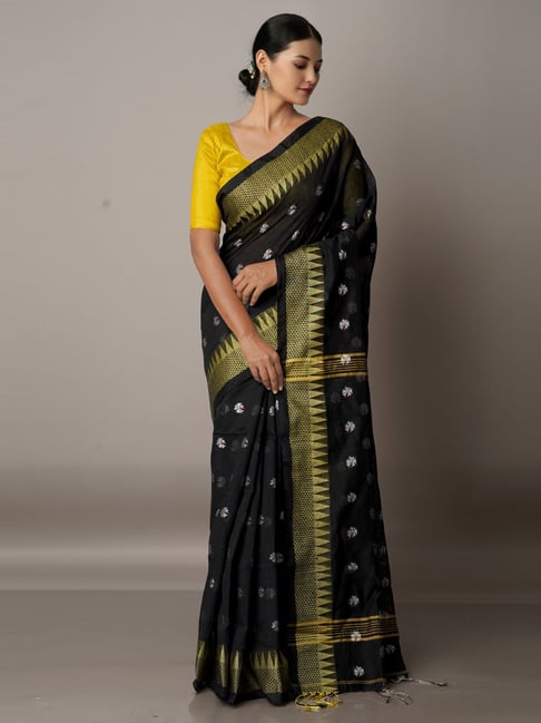 Unnati Silks Black Cotton Silk Woven Saree With Unstitched Blouse Price in India