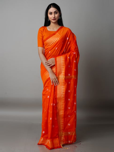 Unnati Silks Orange Cotton Silk Woven Saree With Unstitched Blouse Price in India