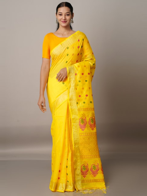 Unnati Silks Yellow Cotton Silk Woven Saree With Unstitched Blouse Price in India