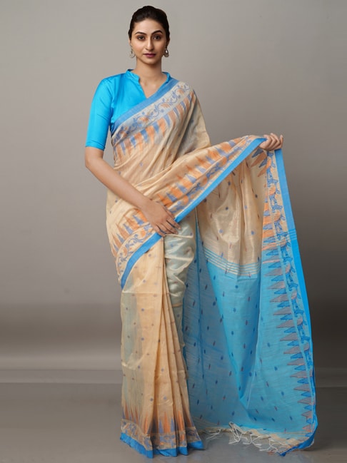 Unnati Silks Cream & Blue Cotton Silk Woven Saree With Unstitched Blouse Price in India