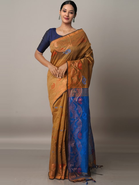 Unnati Silks Brown & Blue Cotton Silk Woven Saree With Unstitched Blouse Price in India
