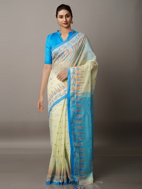 Unnati Silks Green & Blue Cotton Silk Woven Saree With Unstitched Blouse Price in India