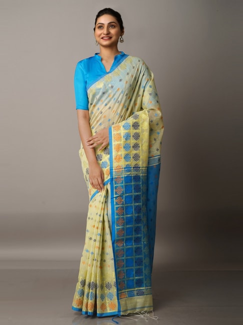 Unnati Silks Cream & Blue Cotton Silk Woven Saree With Unstitched Blouse Price in India